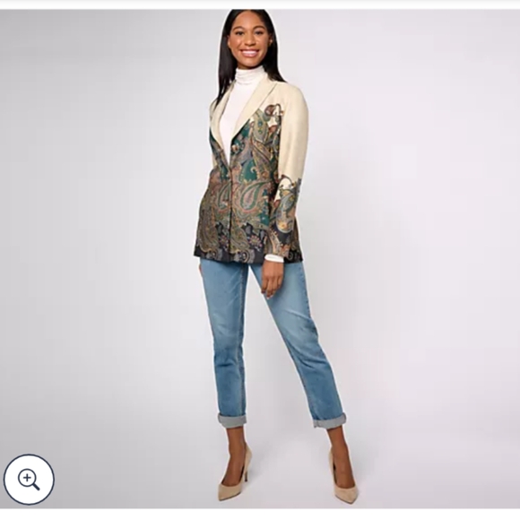 NWOT Graver Susan Graver Blazer Size L Navy Paisley Border Faux Suede - Picture 1 of 8